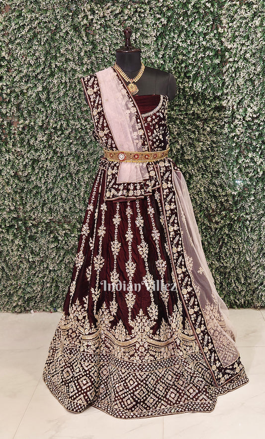 Stunning Designer Maroon Velvet Lehenga Choli With Dupatta