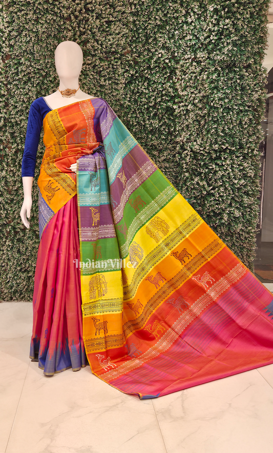 Pink Blue Fish Motif Double Pallu Berhampuri Silk Saree