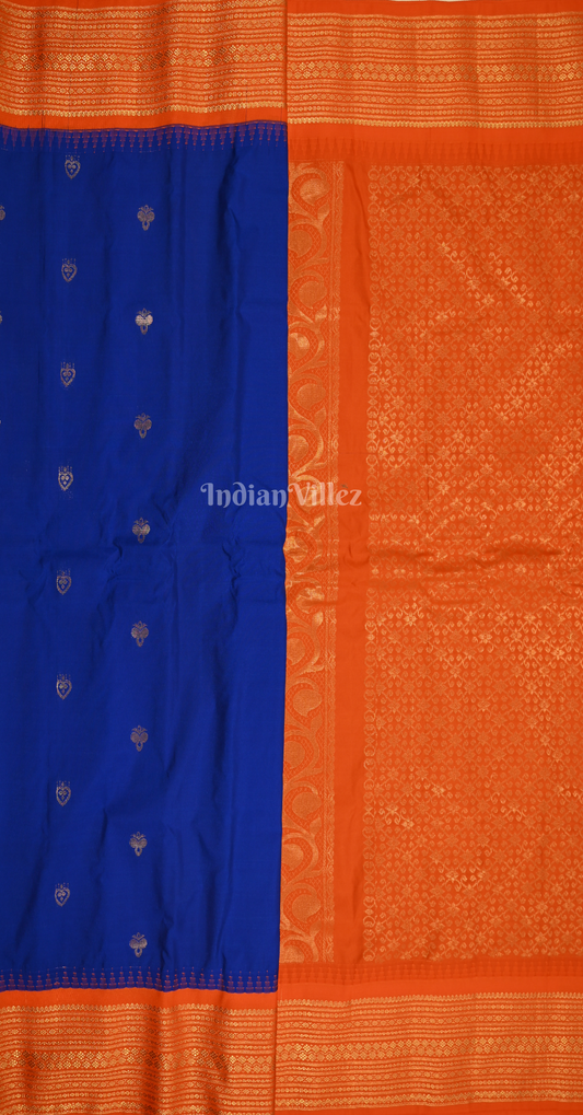 Royal Blue Red Butti Design Pure Gadwal Silk Saree