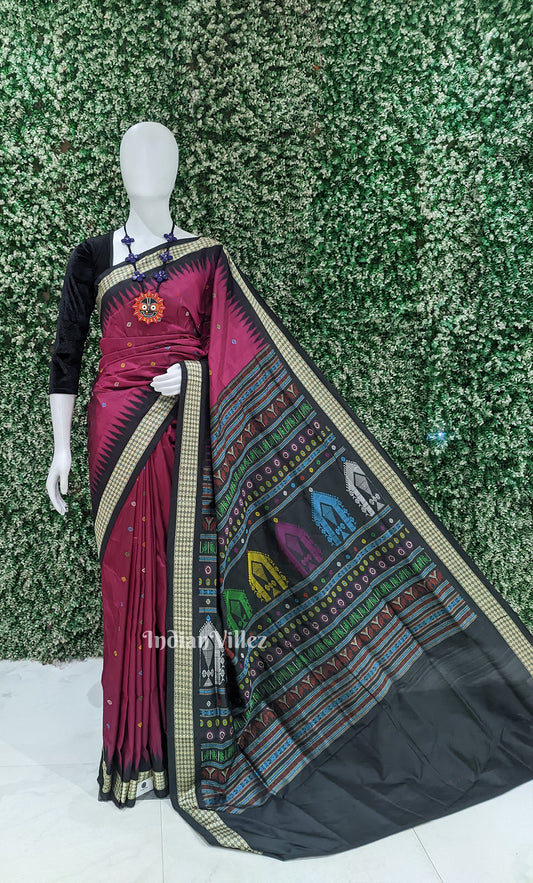 Magenta Pink Black Dolabedi Bomkai Sambalpuri Ikat Silk Saree