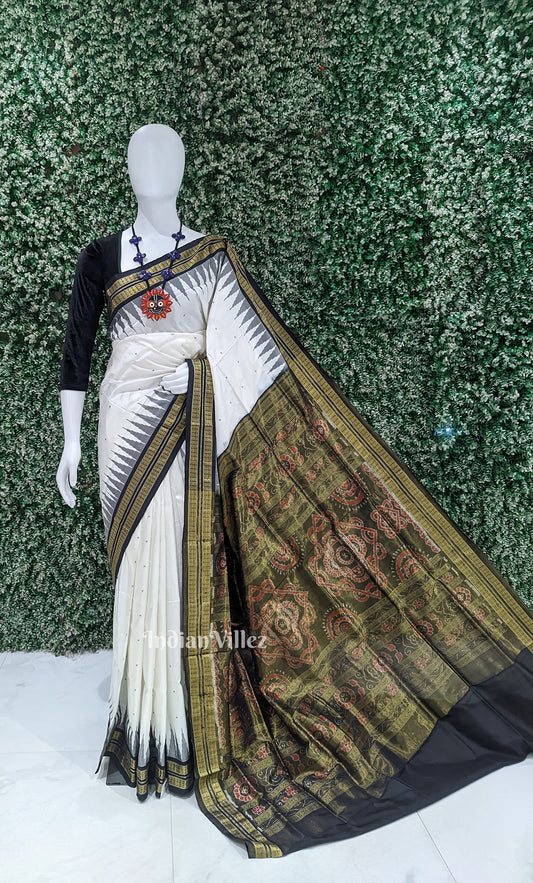 White Black Buti Odisha Ikat Bomkai Half Tissue Silk Saree