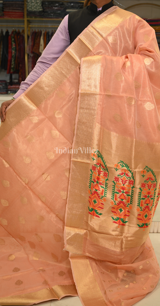 Melon Peach Kora Tissue Saree With Paithani Pallu