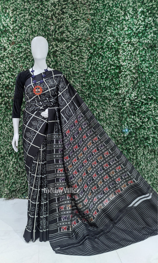 Black Nabakothi Contemporary Designer Silk Saree with Elephant Anchal