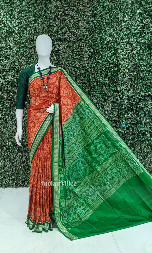 Orange Green Jhoti Design Odisha Ikat Sambalpuri Silk Saree