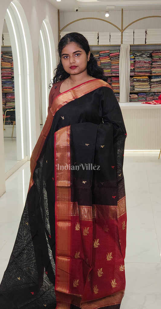 Black Red Pure Silk Cotton Maheshwari Saree