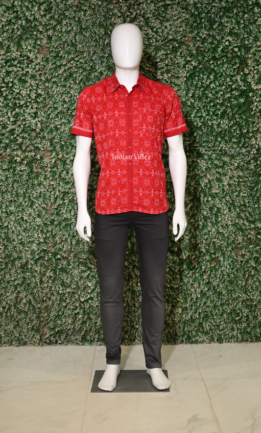 Red Tribal Theme Odisha Ikat Cotton Half Sleeve Shirt for Men