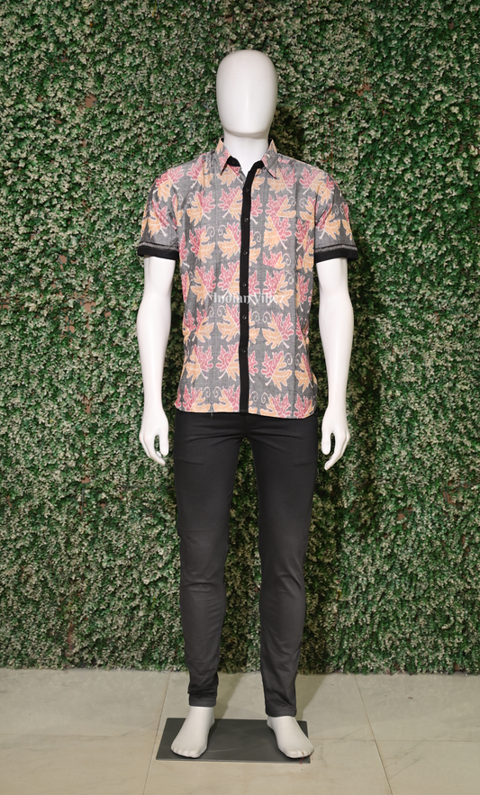 Ash Grey Autumn Leaves Odisha Ikat Cotton Half Sleeve Shirt for Men