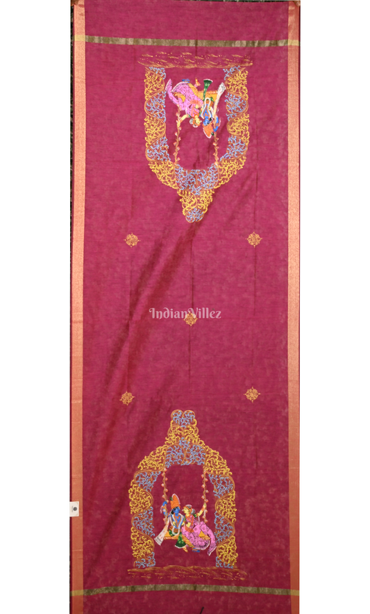 Wine Radha Krishna Doli Theme Hand-Painted Pattachitra Chanderi Dupatta