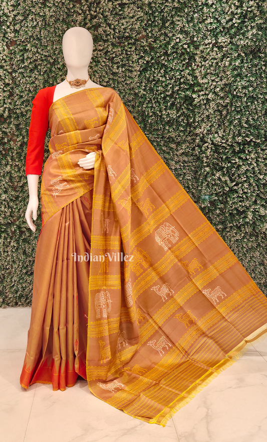 Beige Fish Motif Double Pallu Berhampuri Silk Saree