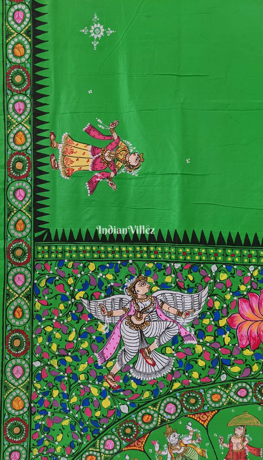 Parrot Green Dashavatara with Krishna Rasa Leela Theme Pattachitra Silk Saree