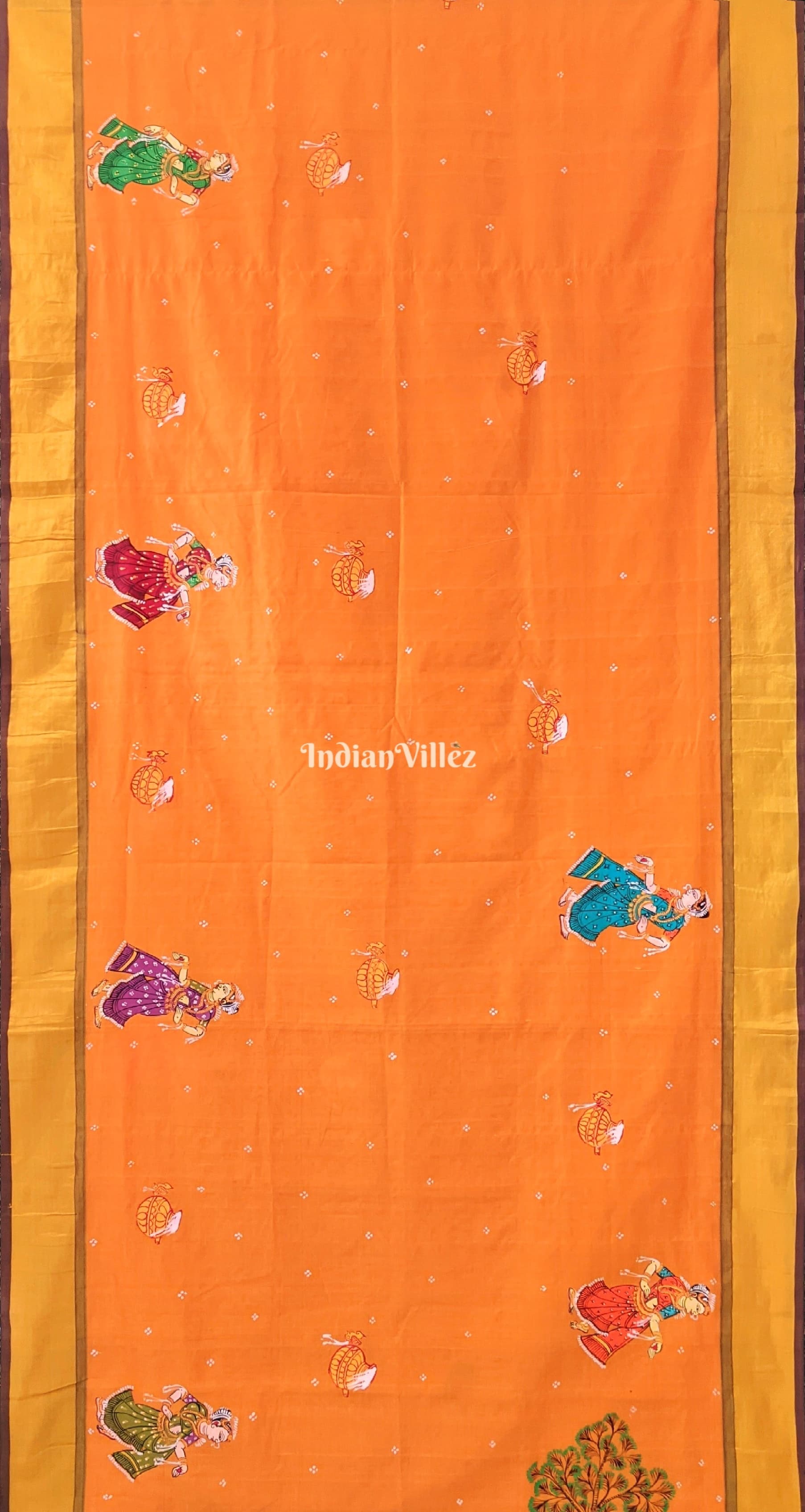 Orange Blue Krishna Theme Pattachitra Art on Kerala Silk Saree