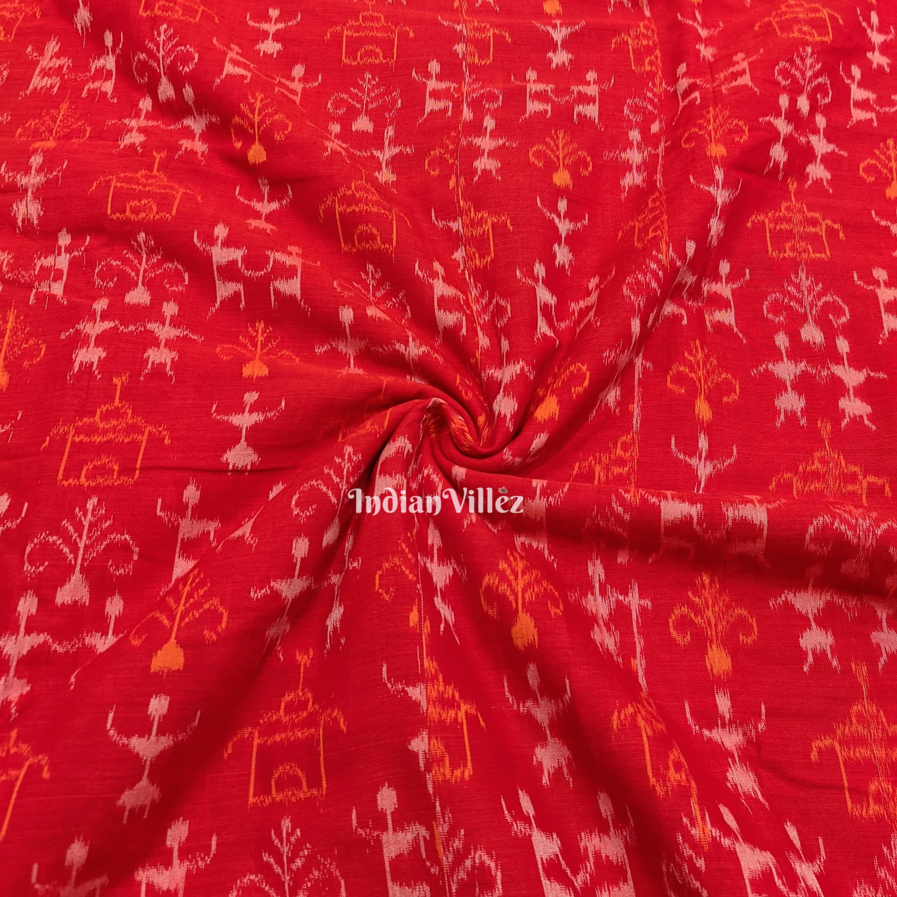Red Tribal Theme Sambalpuri Ikat Cotton Fabric