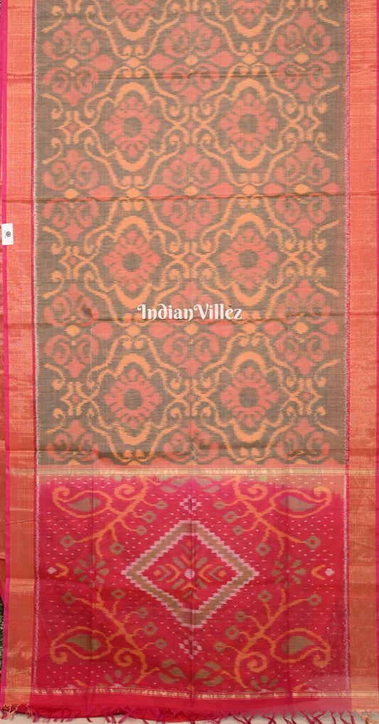 Grey Rani Pink Floral Motif Pochampally Ikat Silk Cotton (Sico) Saree