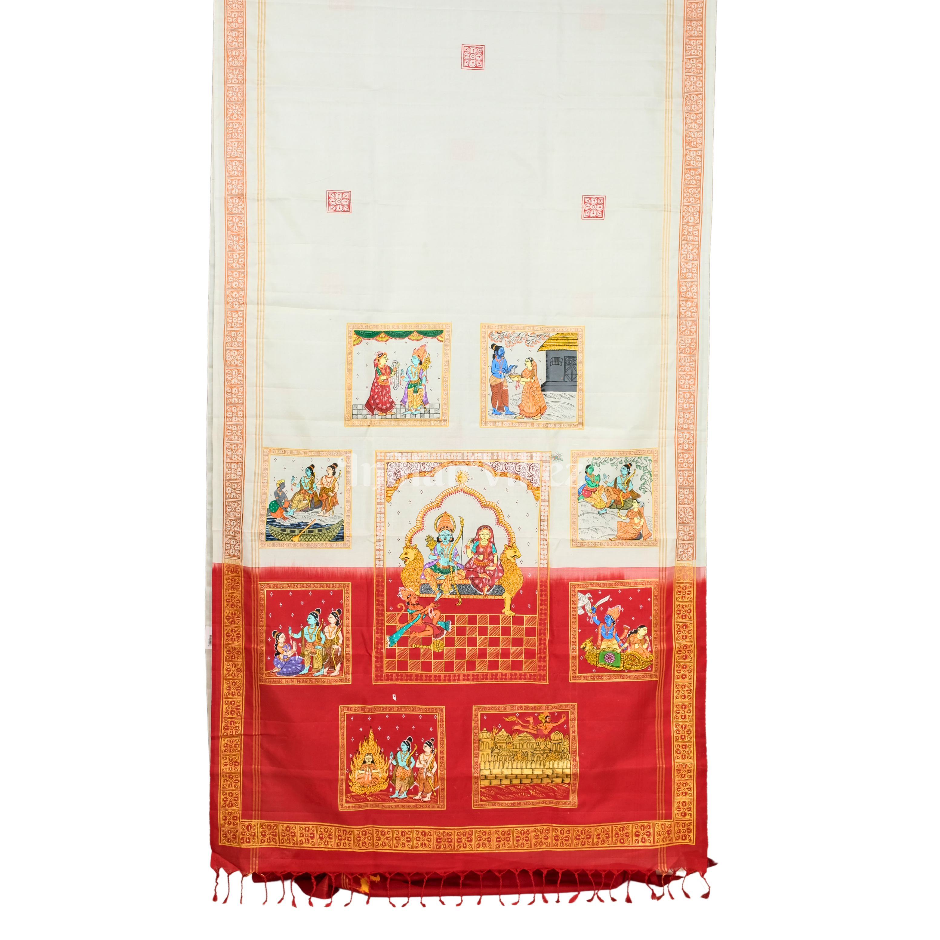 White With Red  Ramayan Theme Pattachitra Silk Saree 