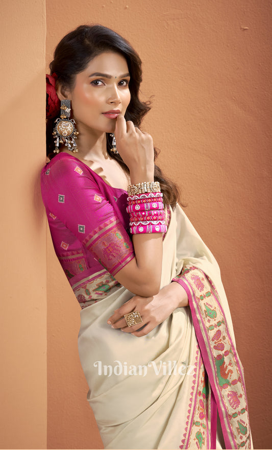 White Pink Woven Banarasi Patola Silk Saree