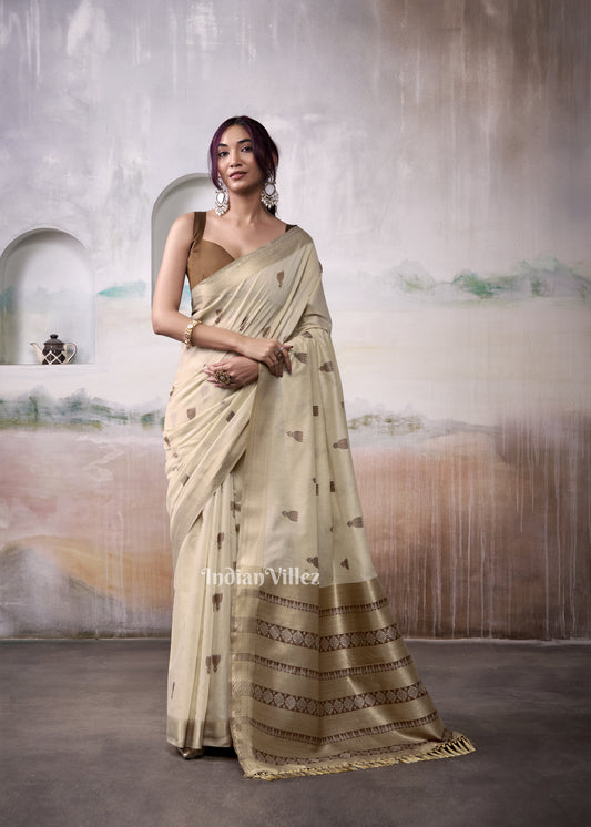 Cream Floral Cotton Woven Saree