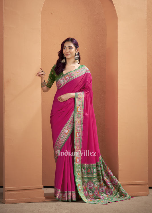 Magenta Pink Green Woven Banarasi Patola Silk Saree