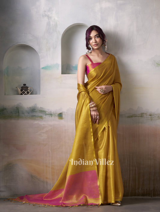 Golden Yellow Tissue Silk Woven Plain Saree
