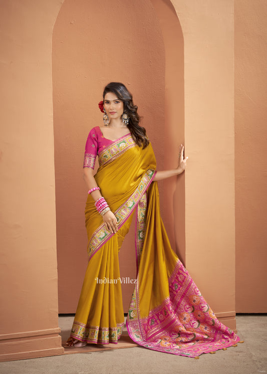 Mustard Yellow Pink Woven Banarasi Patola Silk Saree