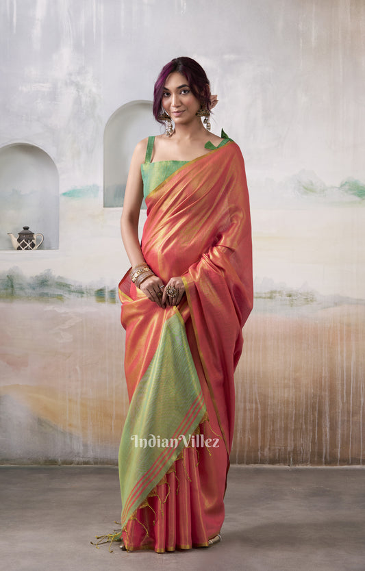 Sunset Orange Tissue Silk Woven Plain Saree