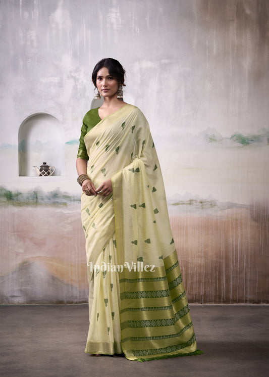 Beige Green Floral Cotton Woven Saree