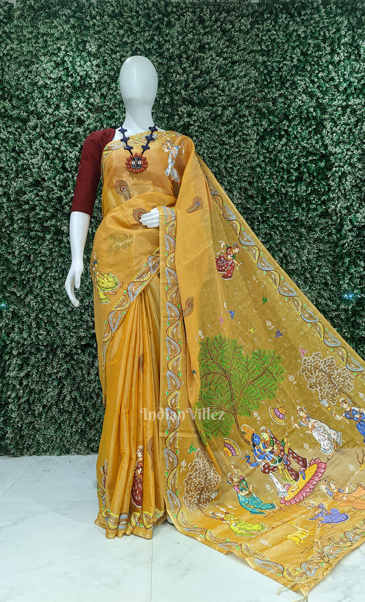 Mustard Yellow Krishna Rasa Leela Hand-Painted Pattachitra Saree
