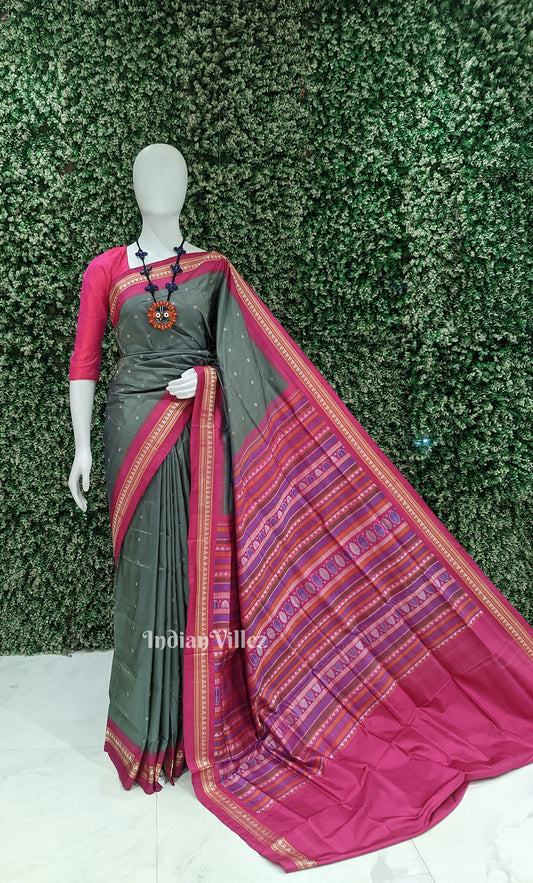 Graphite Grey Pink Buti Design Odisha Ikat Contemporary Silk Saree with Dongria Anchal