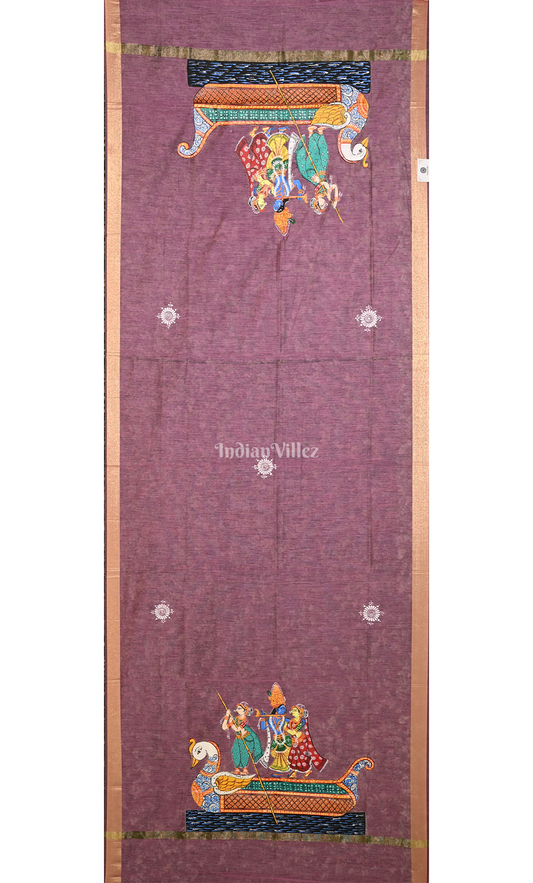 Purple Nauka Paar Hand-Painted Pattachitra Chanderi Dupatta
