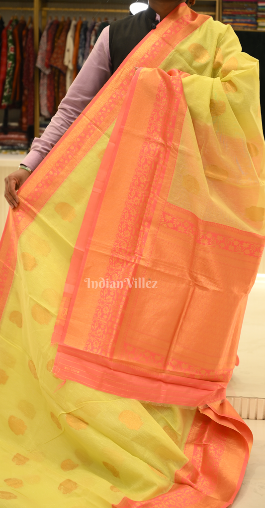 Lemon Yellow Pink Linen with Copper Zari Weaving Saree