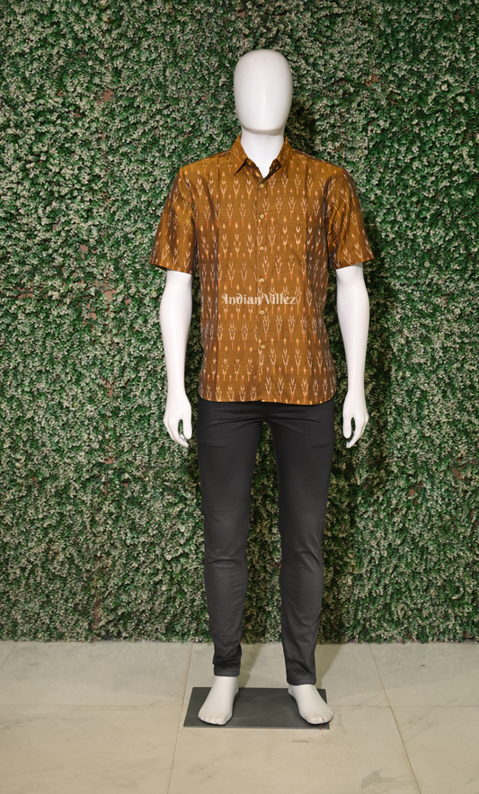 Mustard Yellow Pochampally Ikat Cotton Half Sleeve Shirt for Men