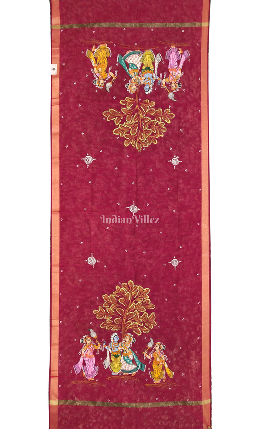 Magenta Pink Krishna Raas Leela Hand-Painted Pattachitra Chanderi Dupatta