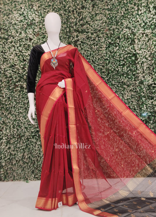 Red Black Pure Silk Cotton Maheswari Saree