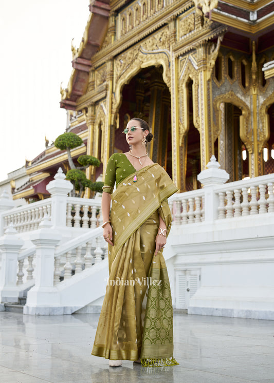 Olive Green Tissue Silk Saree
