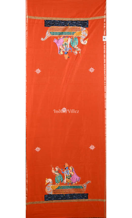 Orange Radha Krishna Nauka Vihar Hand-Painted Patachitra Chanderi Dupatta