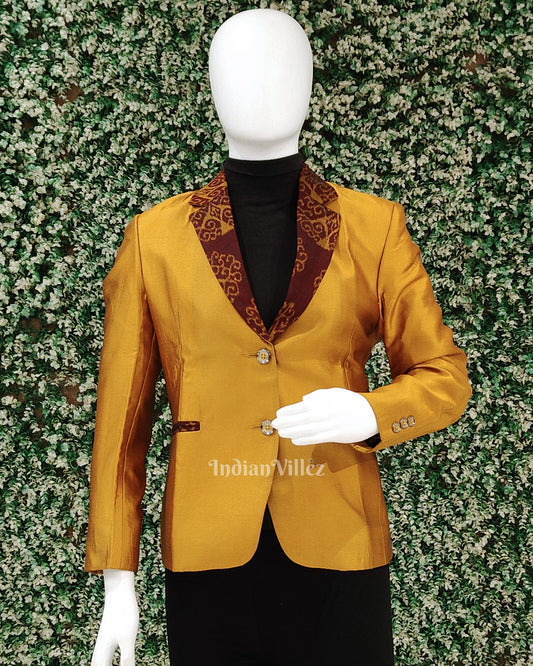 Mustard Yellow Silk Cotton Odisha Ikat Women's Designer Blazer
