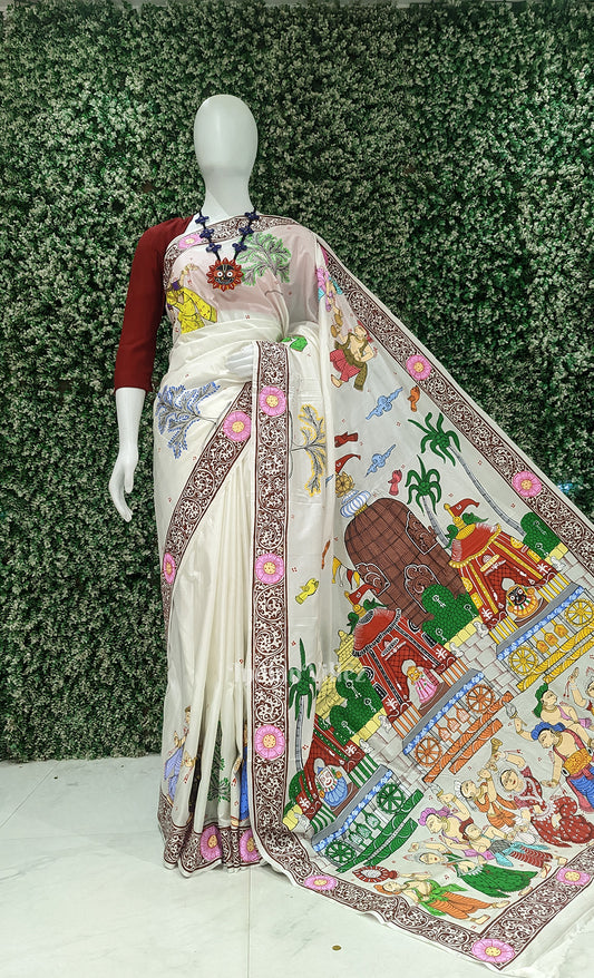 White Shree Jagannath Ratha Yatra Hand-Painted Pattachitra Saree