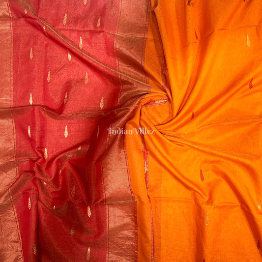 Orange Maroon Butta Design Pure Silk Cotton Maheshwari Saree with Zari Border