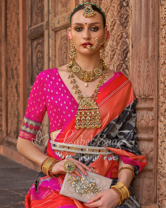 Black with Pink Patola Inspired Pochampally South Silk Saree