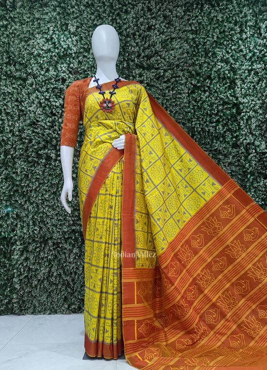 Yellow Red Nabakothi Odisha Ikat Contemporary Designer Saree