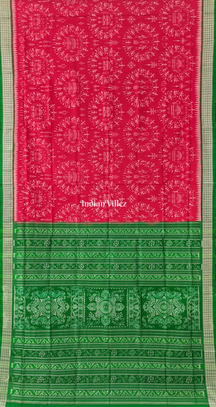 Red Green Tribal Theme Pure Sambalpuri Silk Saree