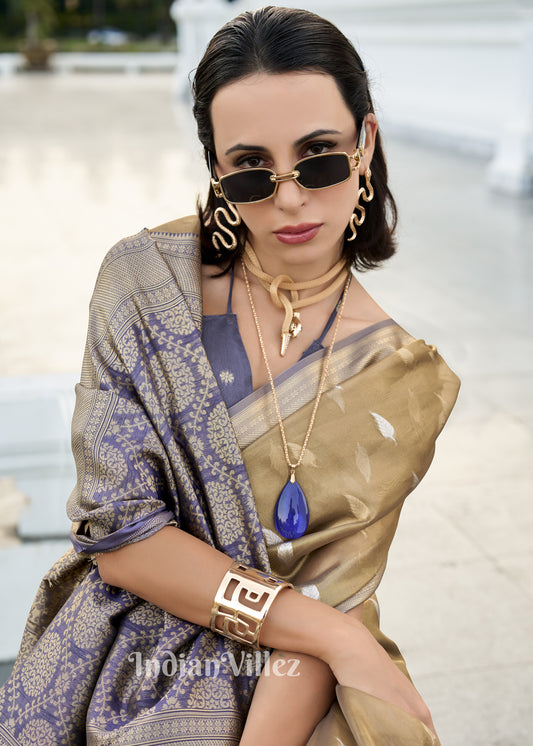 Golden Blue Zari Tissue Silk Saree