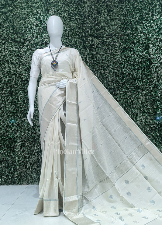 White Maheshwari Handloom Saree