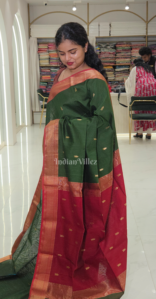 Bottle Green Butta Design Pure Silk Cotton Maheshwari Saree with Zari Border