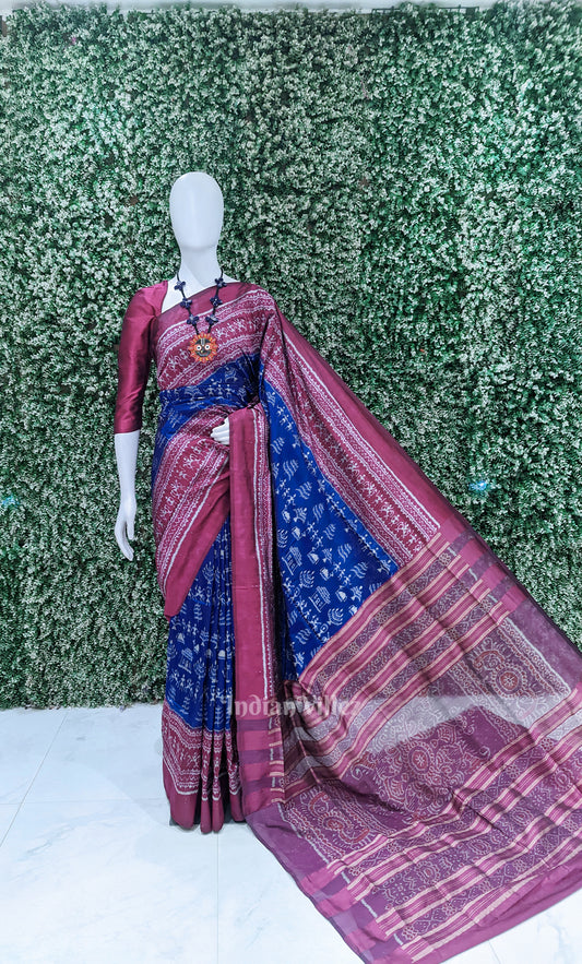 Royal Blue Maroon Tribal Theme Odisha Ikat Contemporary Designer Saree