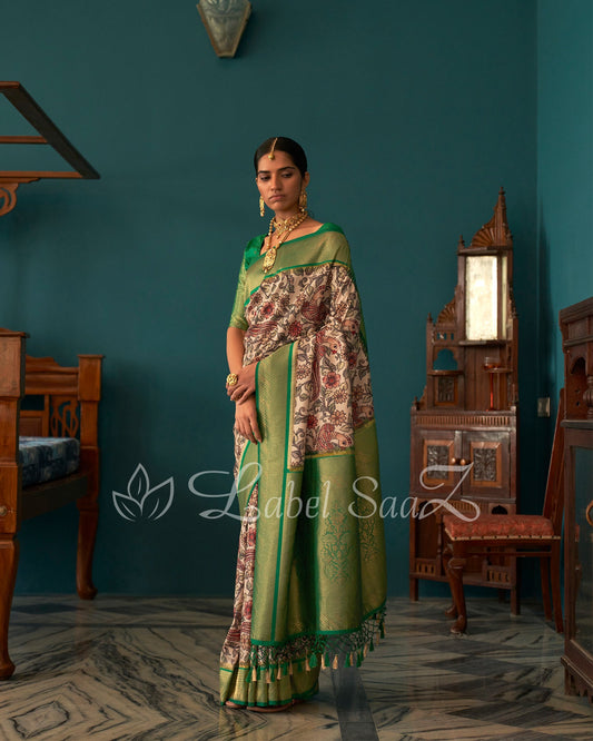 White Green Kalamkari Print on Kanjivaram Silk Saree