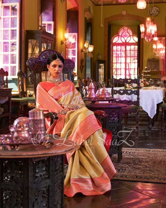 Yellow Red Kanjivaram Silk Saree
