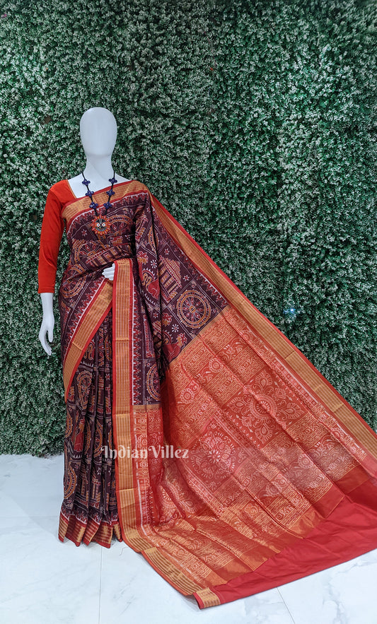 Coffee Red Konark temple & Wheel Design Half Tissue Sambalpuri Silk Saree