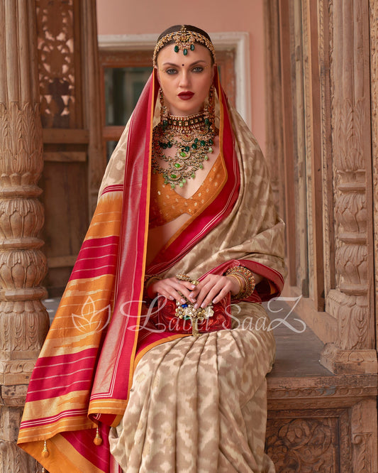 Milky White Patola Inspired Pochampally South Silk Saree