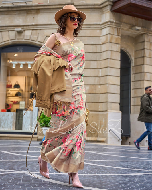 Big Multi Coloured Floral Soft Gaji Silk Weaving Saree