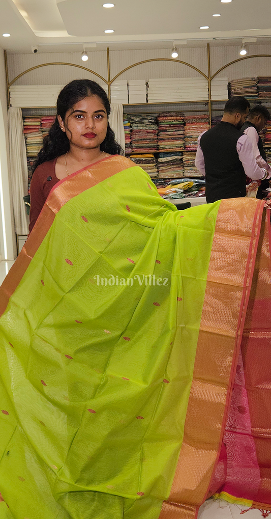 Parrot Green with Pink Pure Silk Cotton Maheshwari Saree